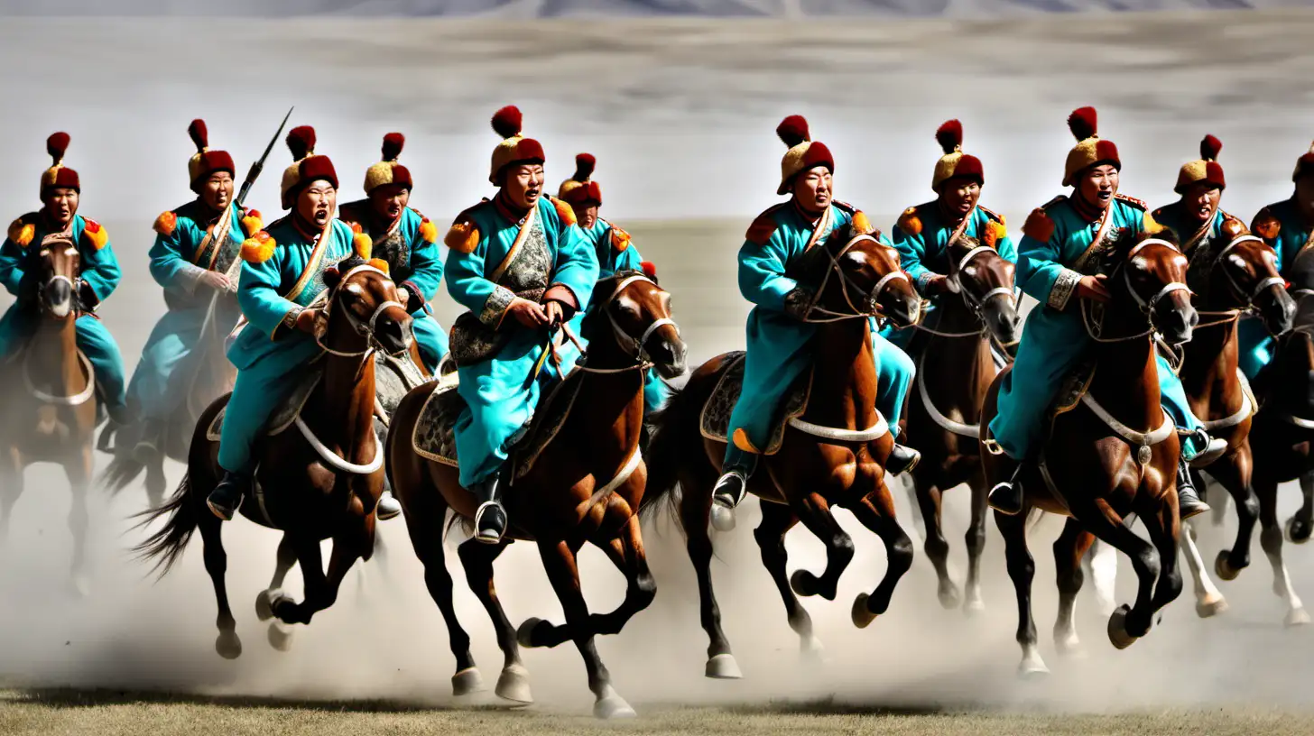 Mongolian Army Troops Riding Galloping Horses in Battle Formation