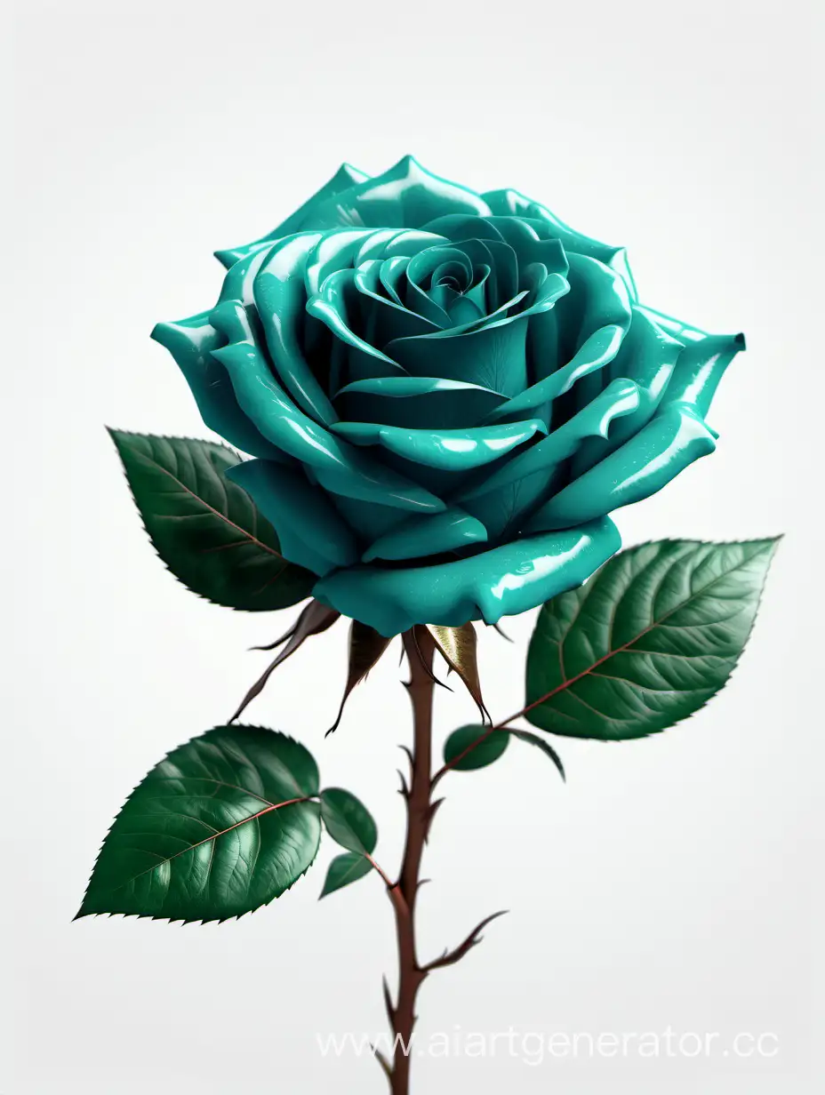 Realistic-Dark-Turquoise-Rose-with-Lush-Green-Leaves-on-White-Background