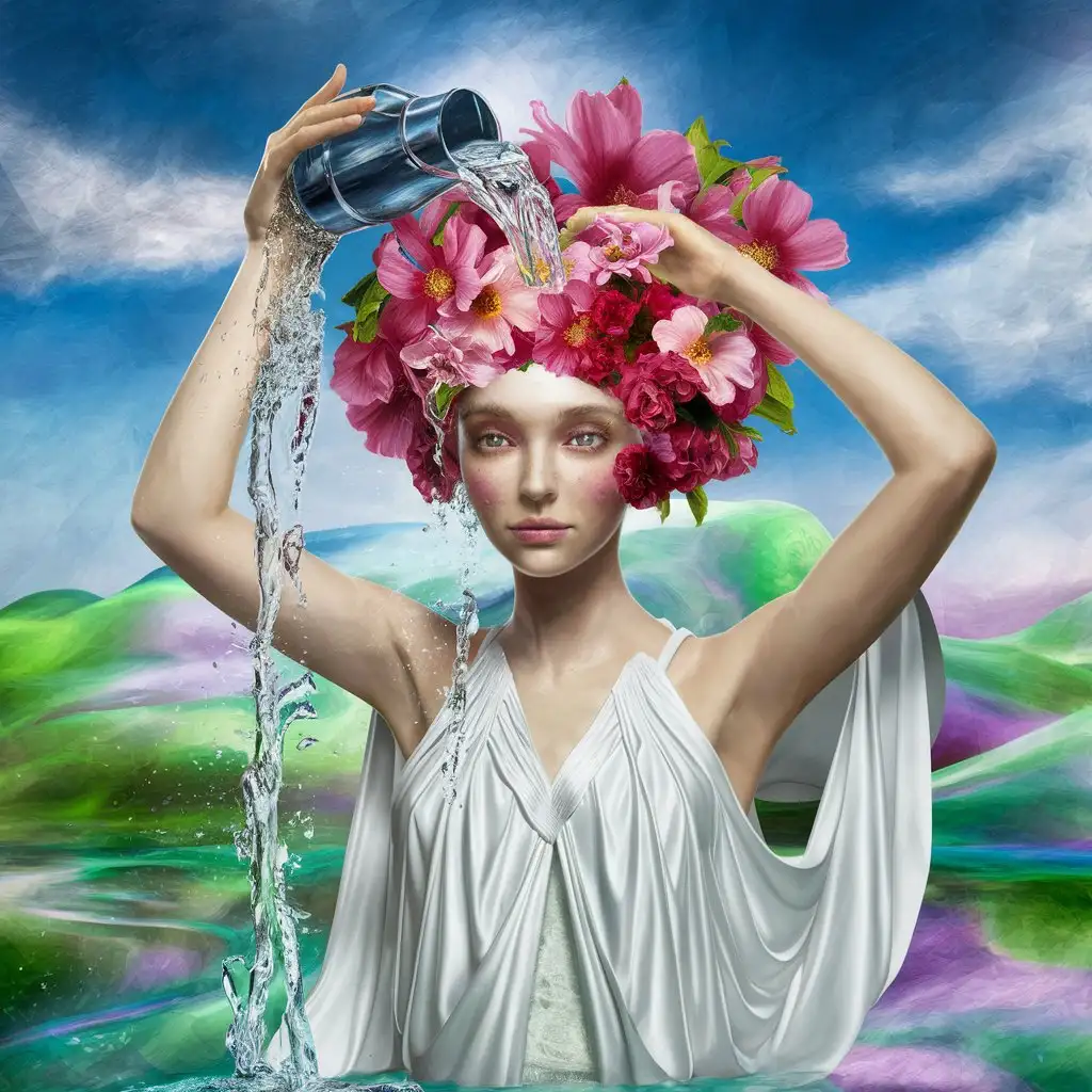  woman watering her head, from which flowers grow, high resolution, 4K