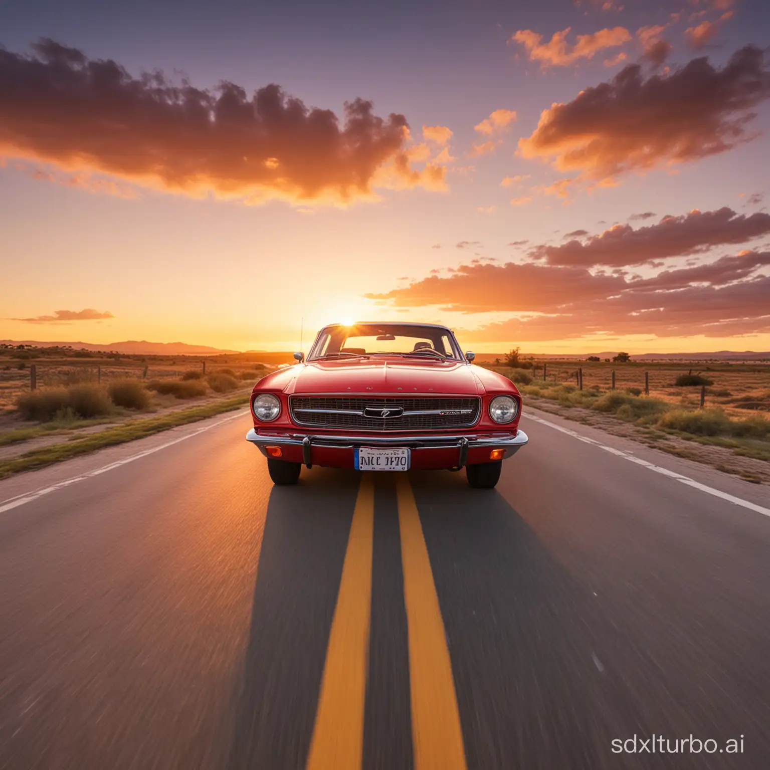 red car approaching the viewer with sunrise in the background