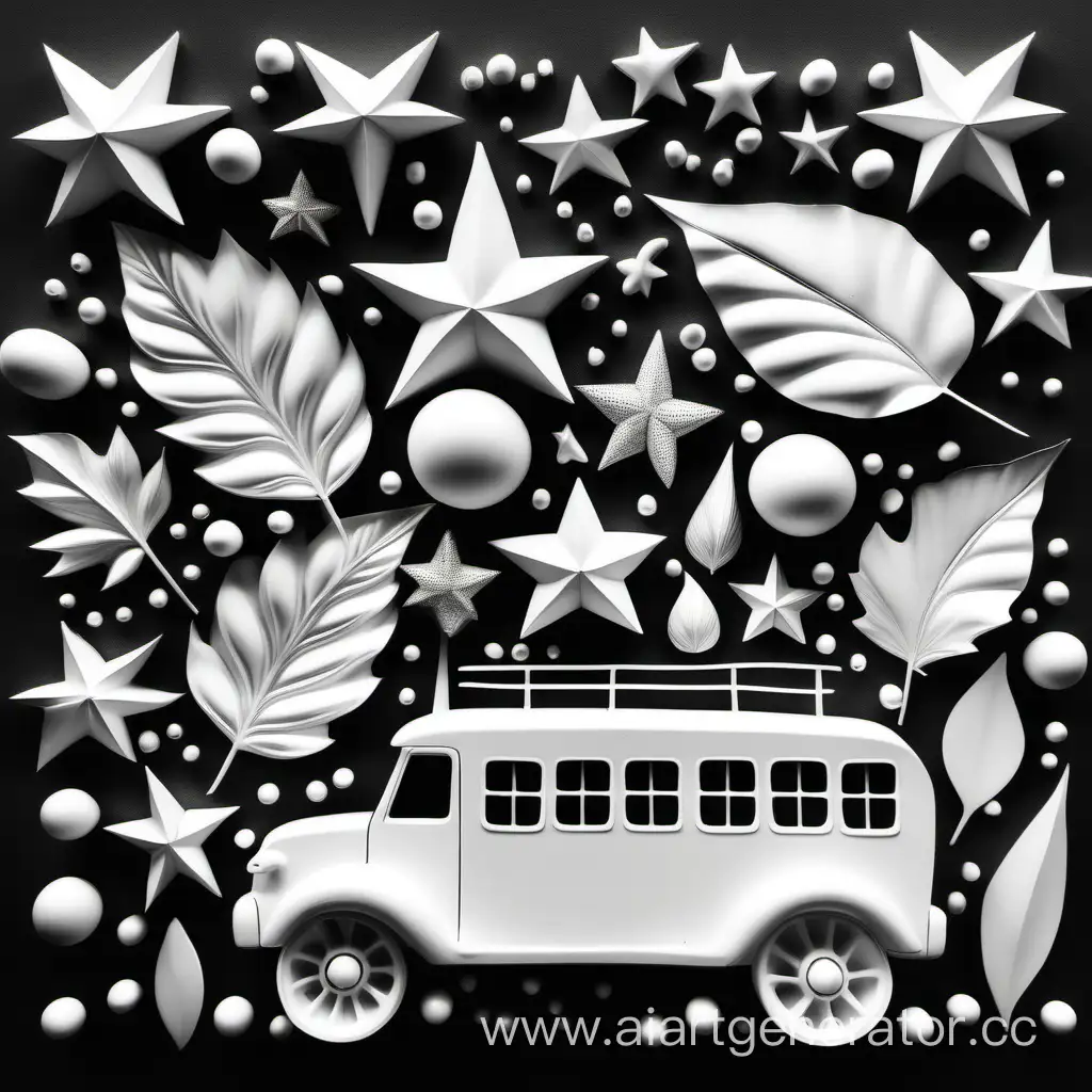 asymmetry aesthetically pleasing surreal big and small forms abstract leaves beads stars figurines on wheels white black colors