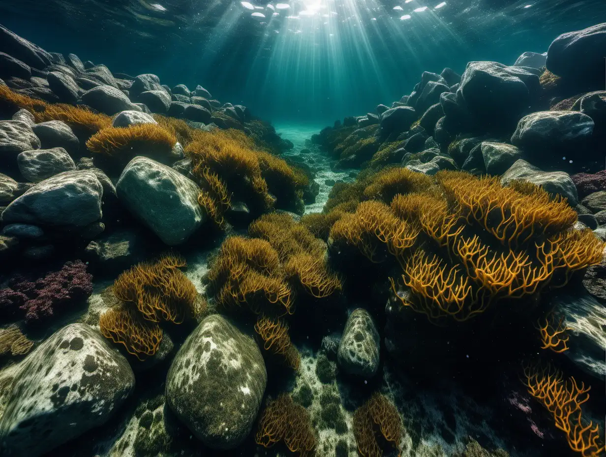 под водой, берег в камнях и водорослях