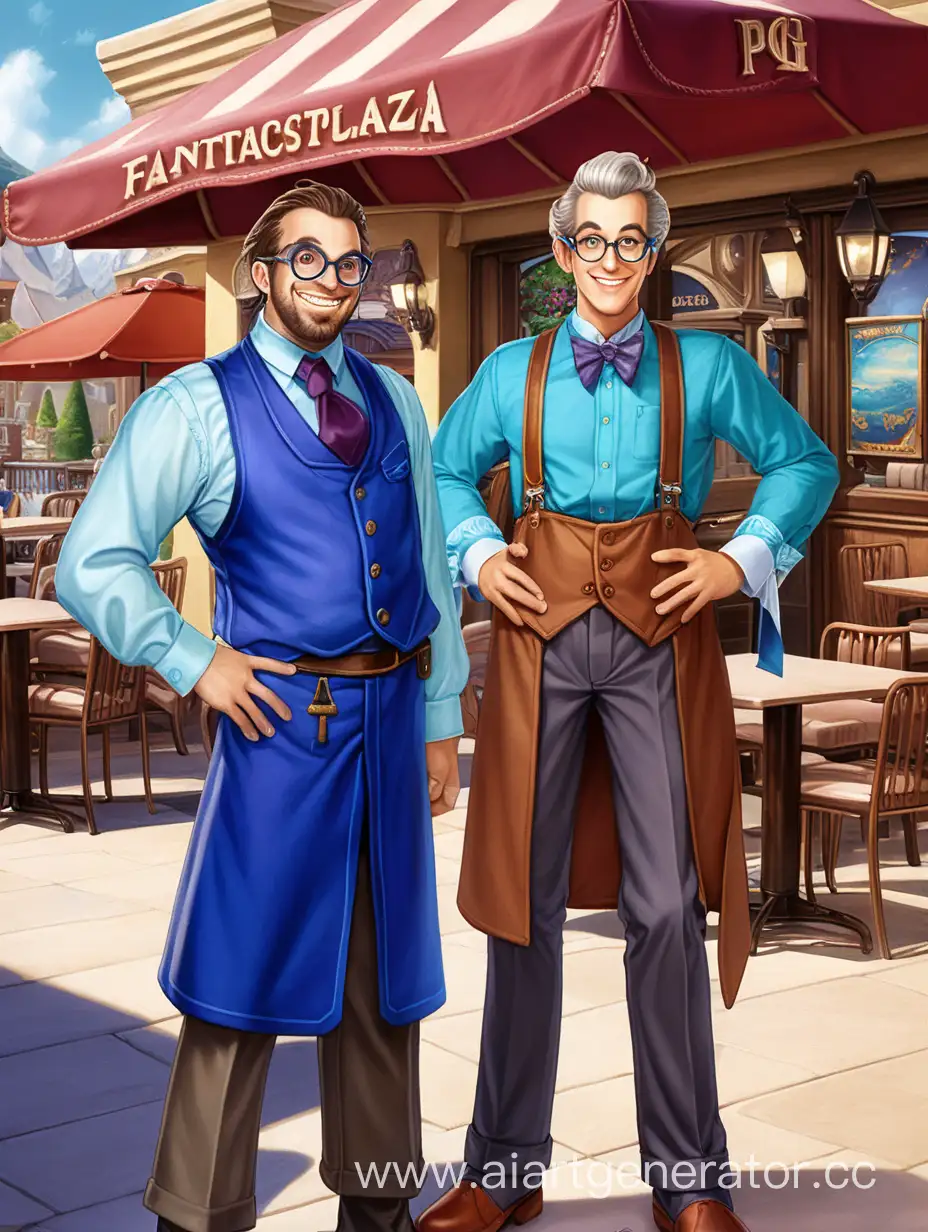 Развлекательный ресторанчик  с названием "Fantastic Plaza" .  Перед рестораном стоят двое мужчин. Мужчина слева улыбается, одет в одежду фентезийного торговца. Мужчина справа в очках, одет в синюю рубашку с длинными рукавами, тёмные штаны на подтяжках и галстук.