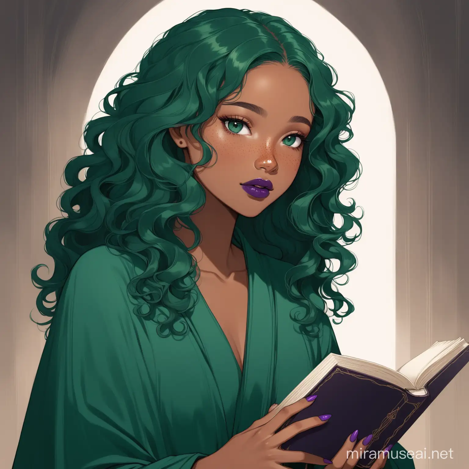 black woman; long dark green robe; she has gray eyes; long curly emerald hair; purple lipstick; and freckles; she is thin; has a book