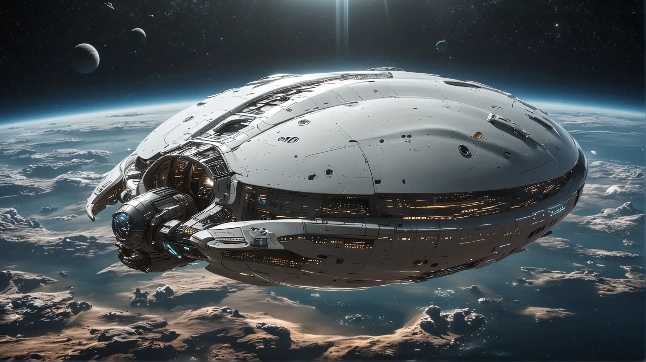 spaceship, shaped like a clam, space, sleek tech, futuristic, sci-fi