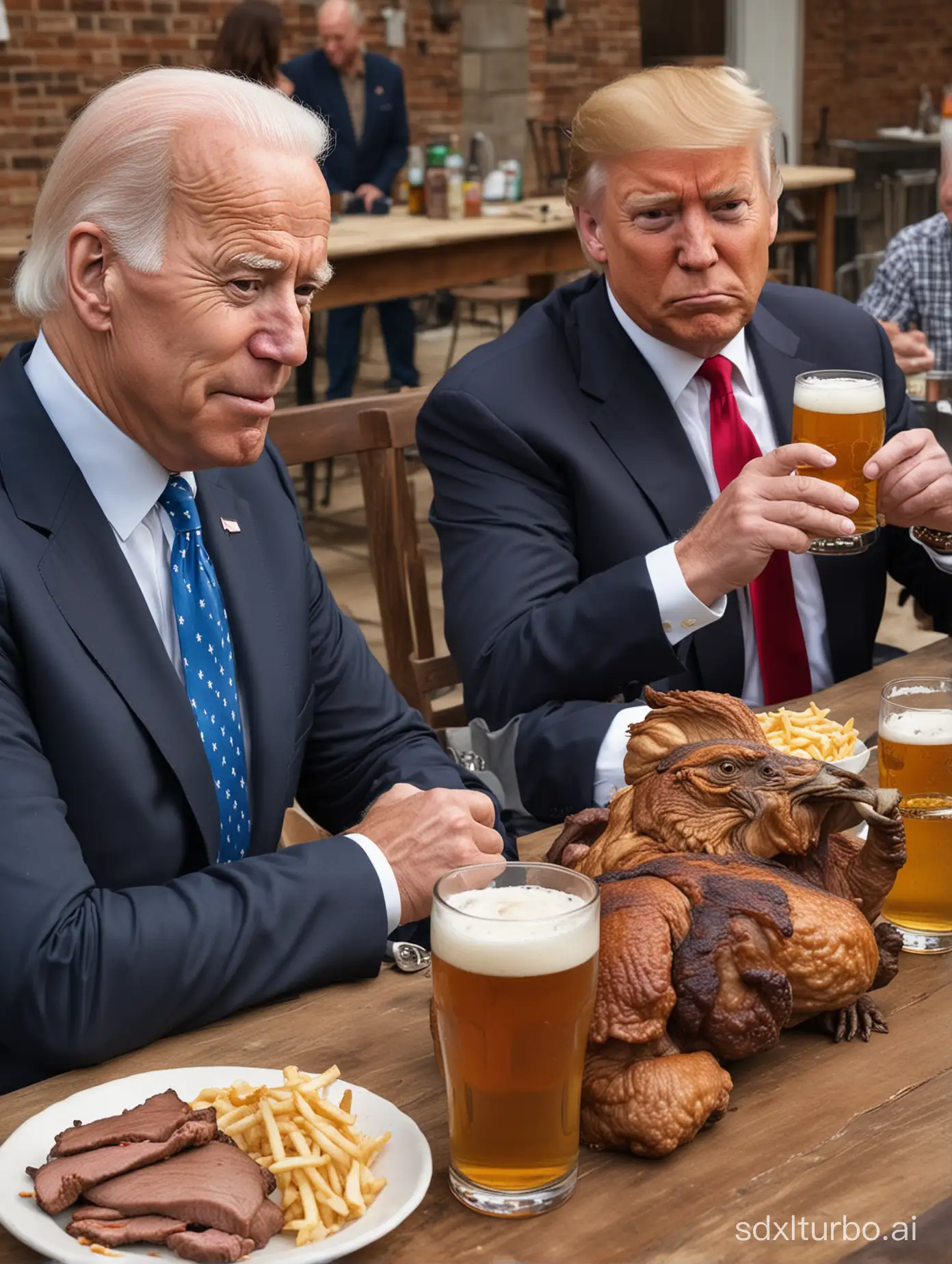 Joe Biden holding a beer sitting next to a grumpy looking Donald Trump both are sitting together drinking beer at a Texas barbeque while eating juicy steaks and Southern fried chicken.  Very realistic looking.