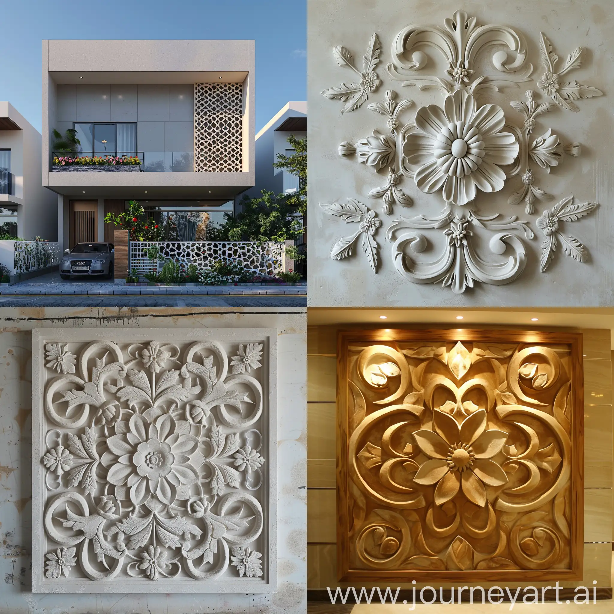 create a pattern or design for front elevation, the wall is plain, the design will be made using plaster