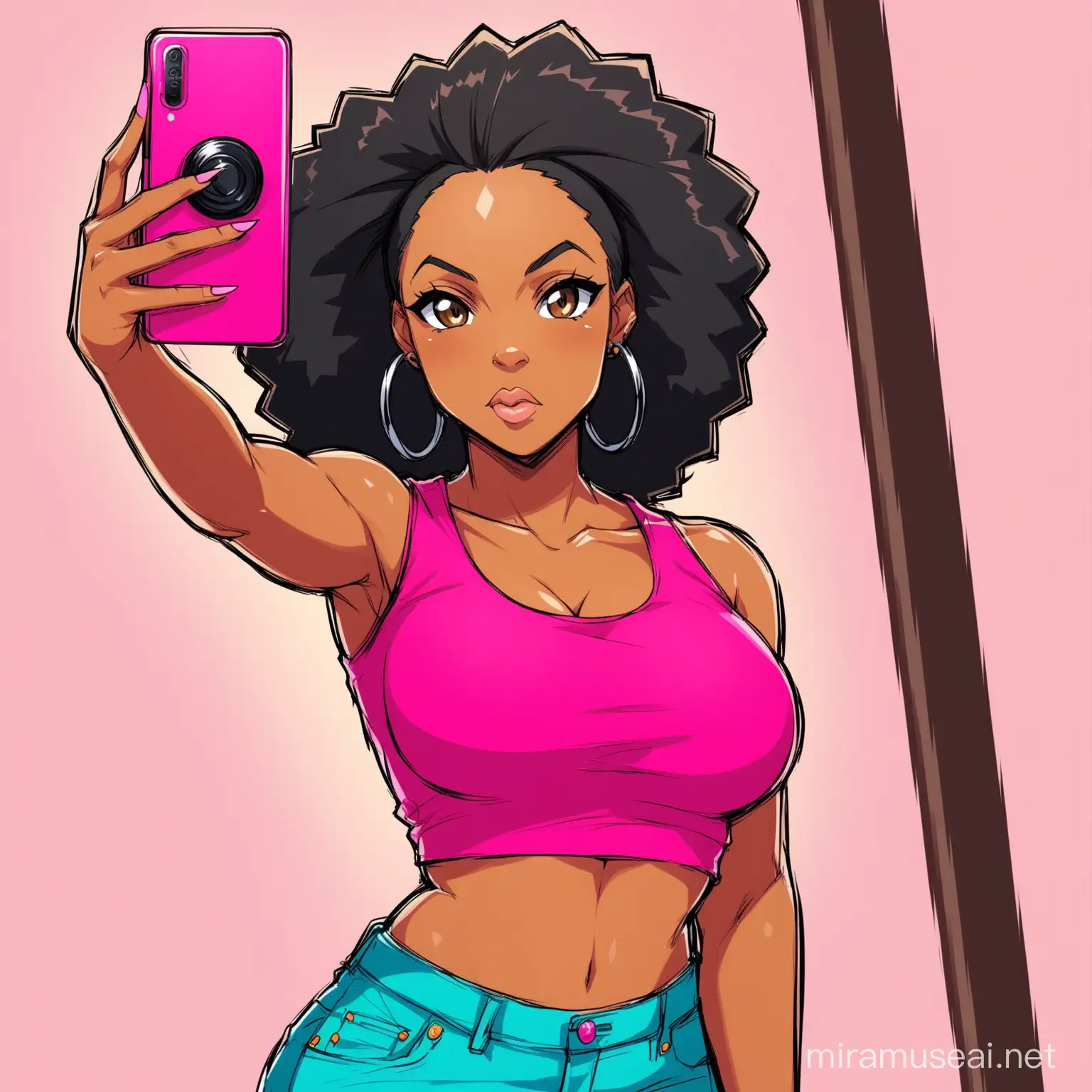 create the Boondocks cartoon styled character,  dark skin African American woman with long black hair, with hot pink crop top, selfie picture
