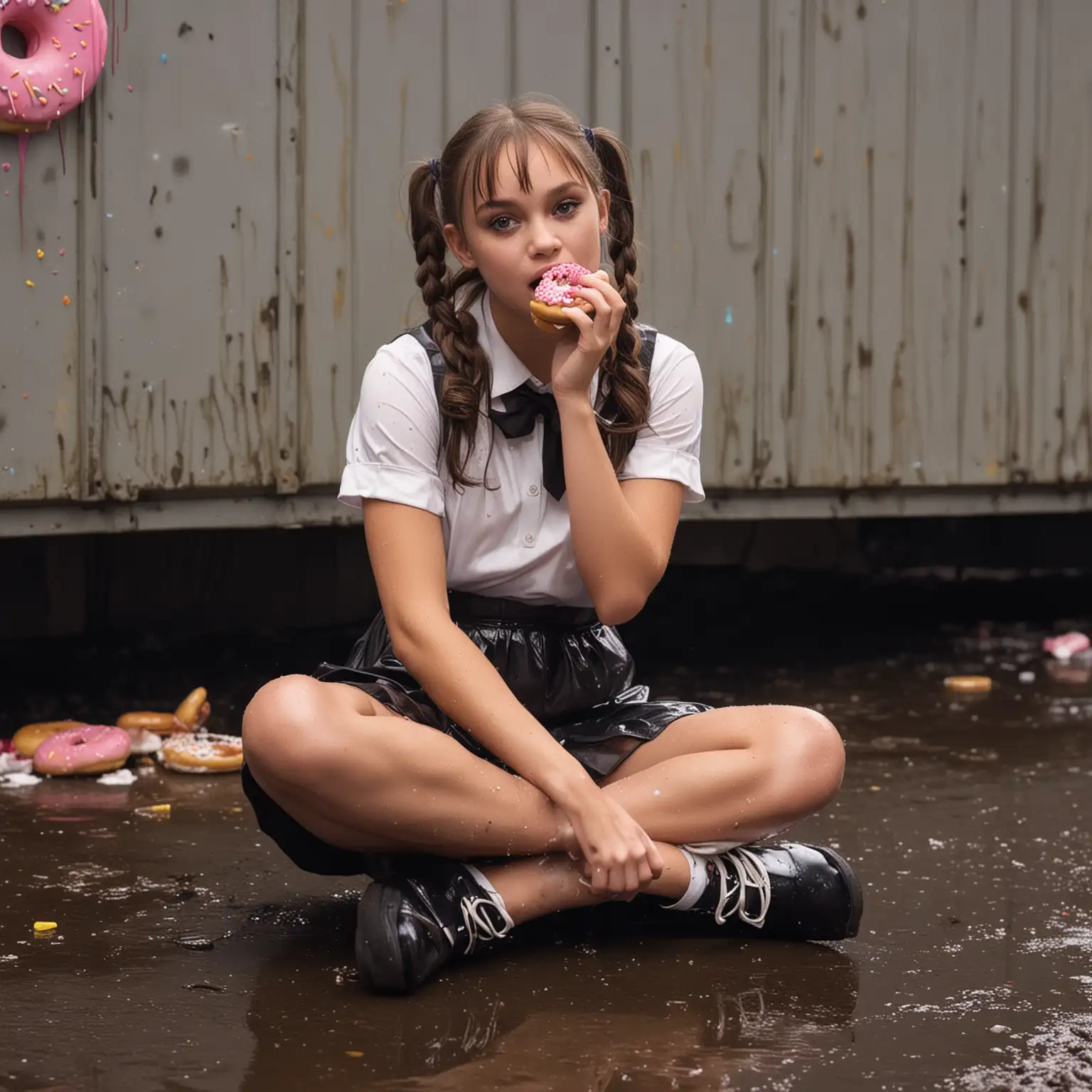 photorealistic, young maddie ziegler, dressed as a schoolgirl, pigtails, on her knees in front a dumpster, neon light, night, muddy, trash, dirty, wet, stained, grim, graffitti, eating a donught
