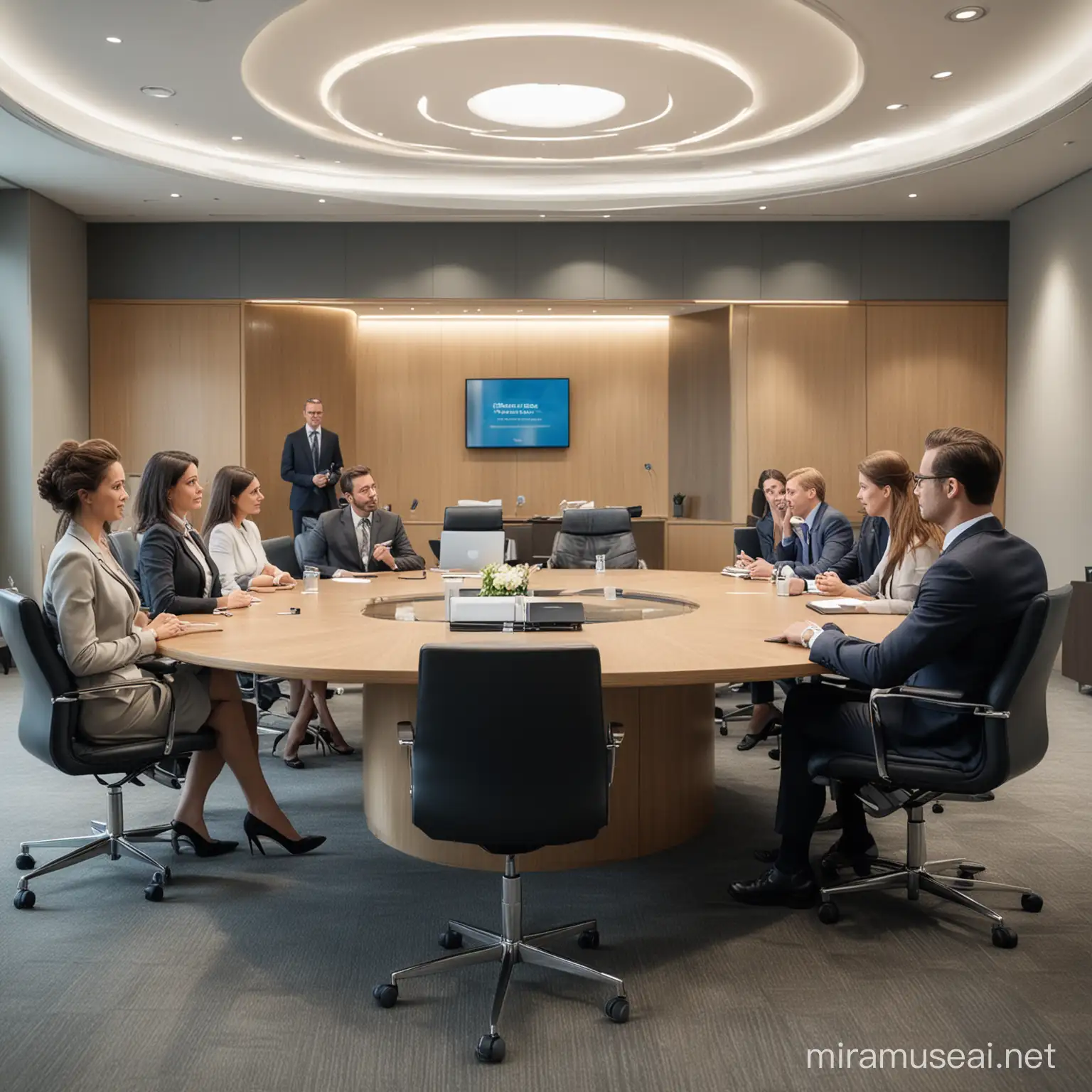 Regenerate me a photo in a large shot where bank agents woman and man dressed class in a meeting room sitting around a round table with other bank agents standing who talk to each other in the middle of a meeting.