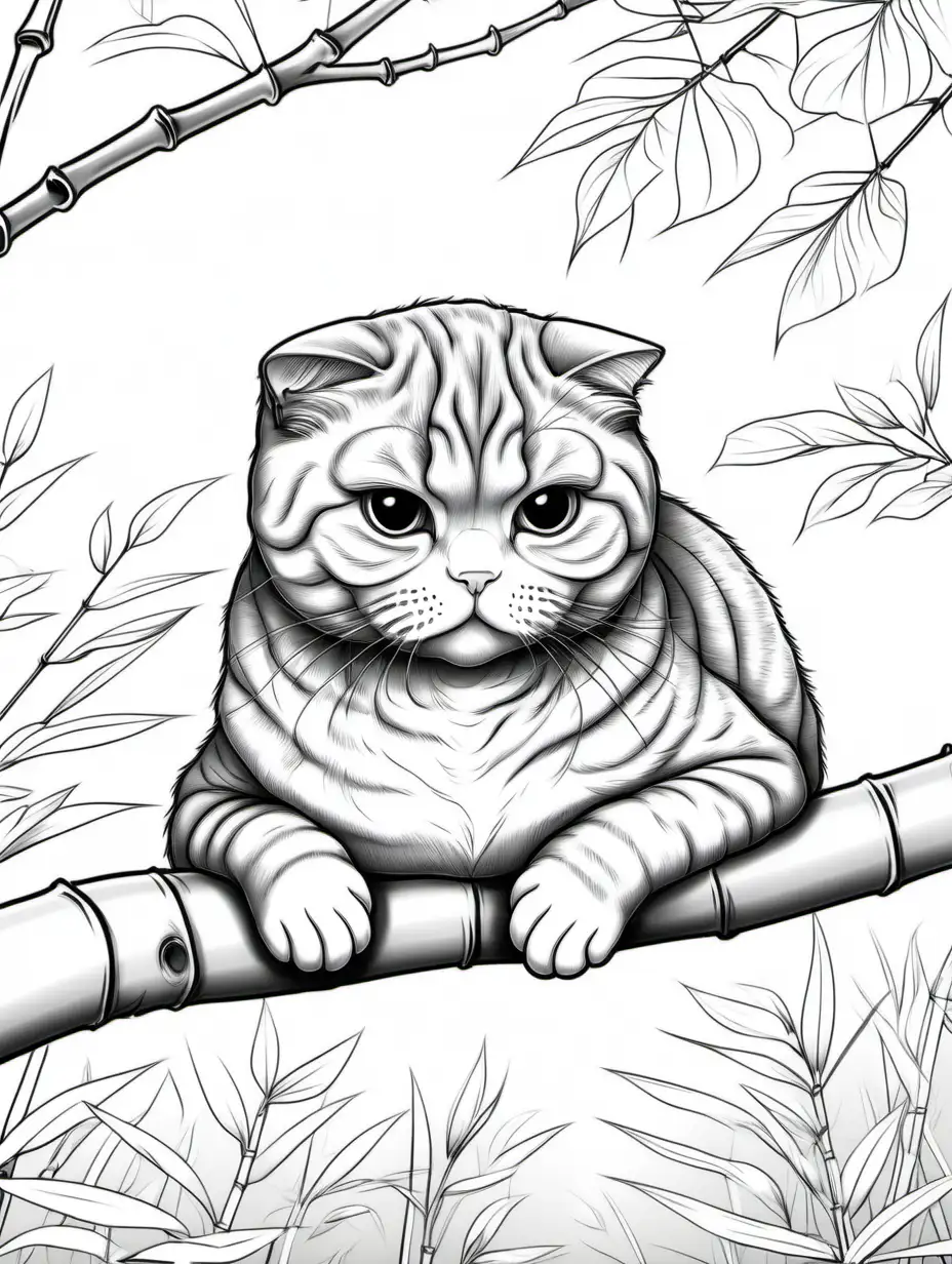 colouring page of A sleepy Scottish Fold cat curled up on a cozy tree branch in a serene bamboo forest.

