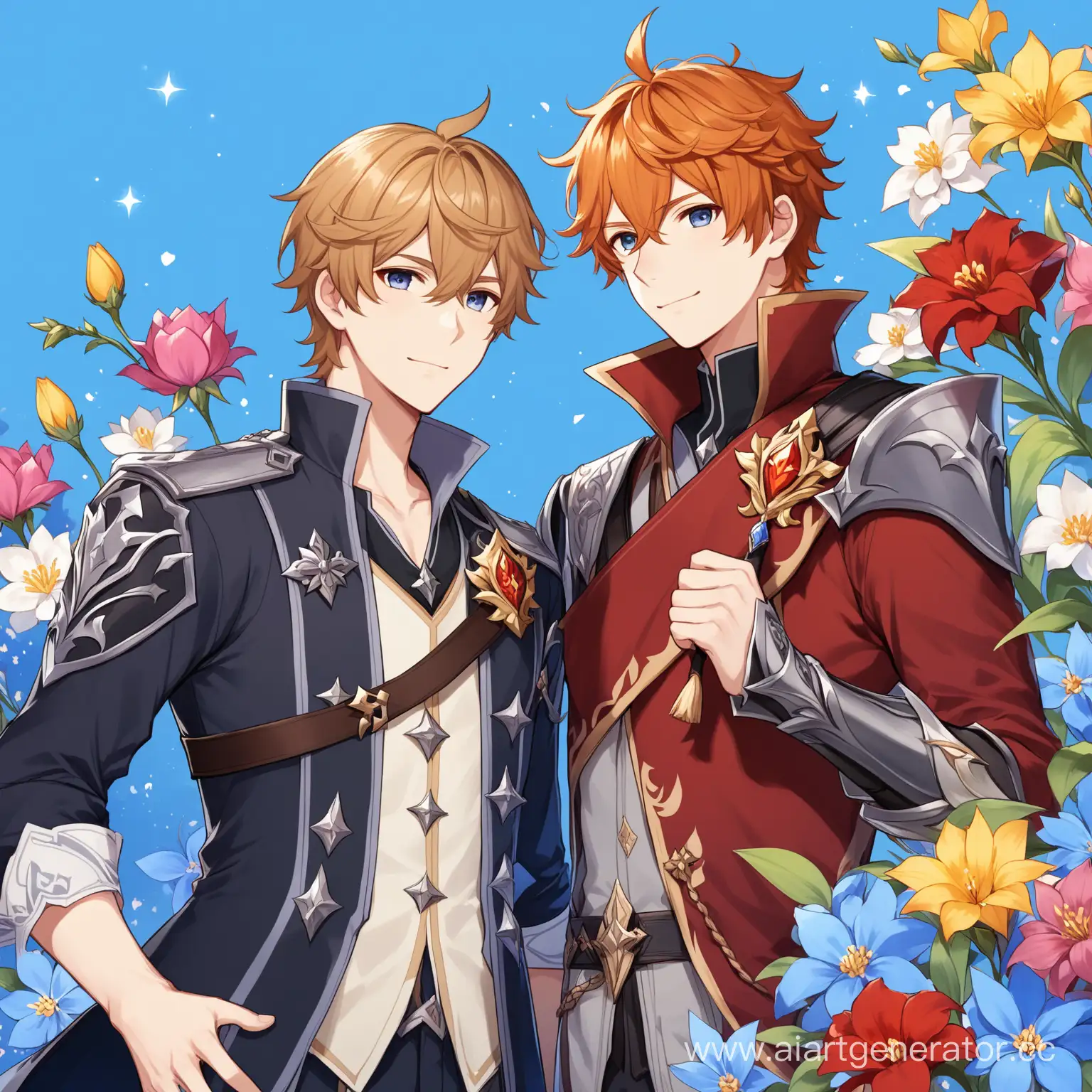 Персонажи игры Genshin impact Нëвиллет и Тарталья, синий фон, звезды подпись:" Flowers shows. Gaming "