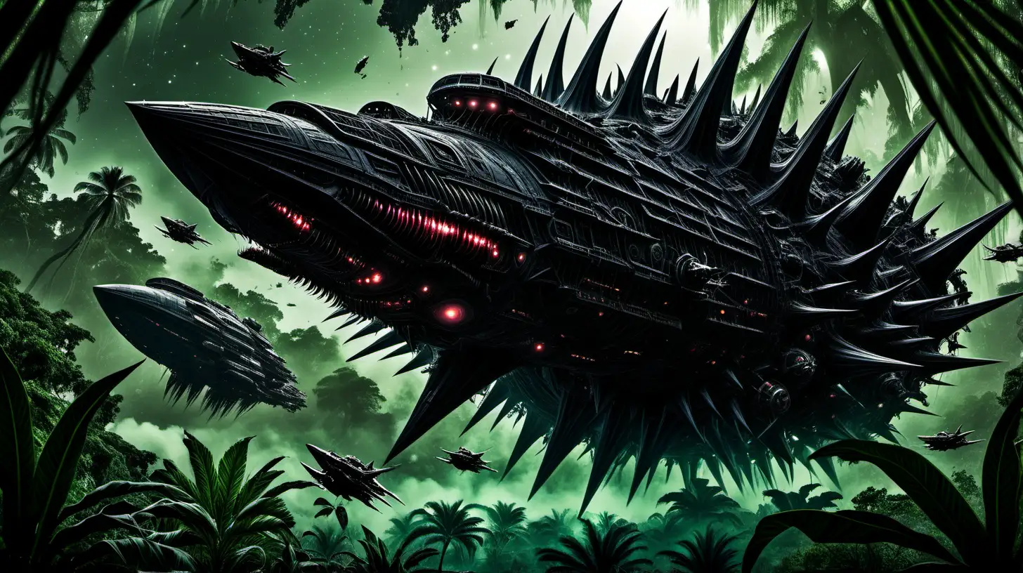 All black scary lovecraftian spiked Imperial starship attacking jungle planet 