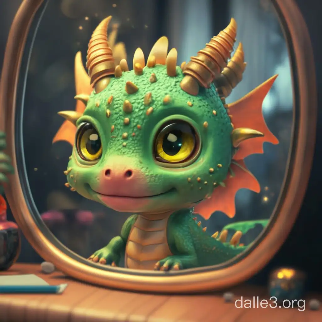 Отражение в зеркале милого ребенка дракона ярко-зелёного цвета с желтым гребнем на голове. В стиле 3D рендер