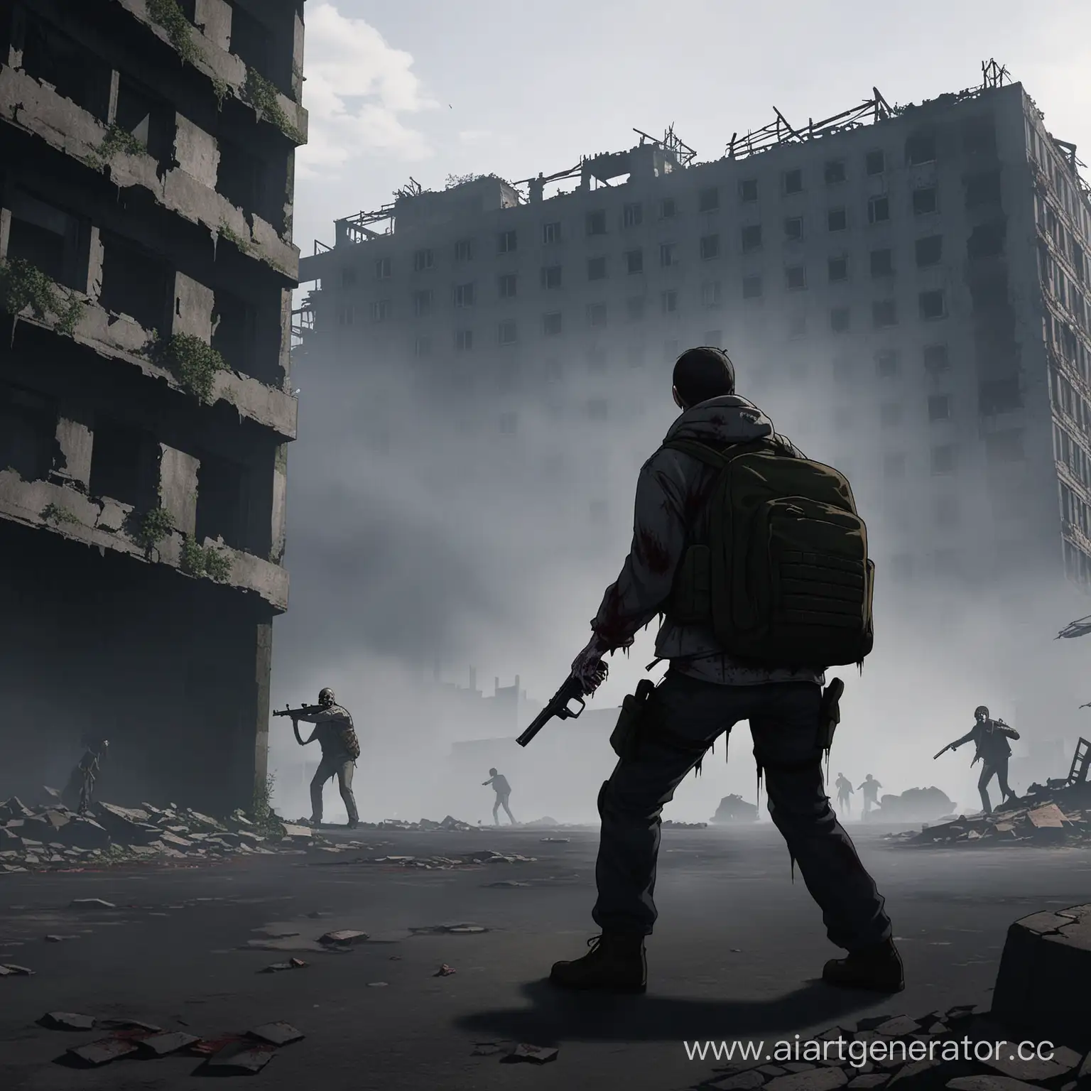 картинка для превью видеоролика на ютуб по игре DAYZ где на переднем фоне борется человек с зомби на фоне городских развалин