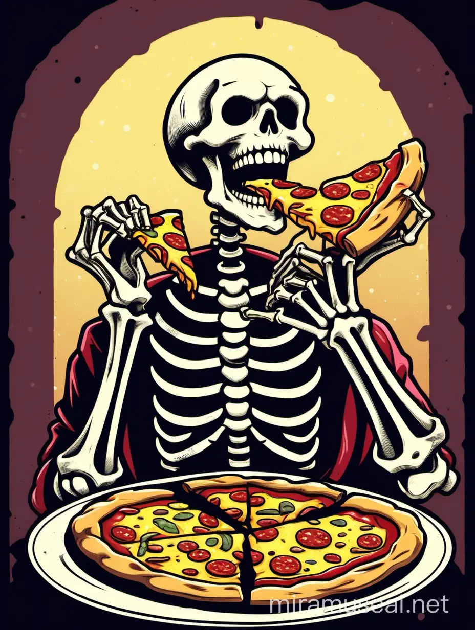cartoon style art of skeleton eating pizza