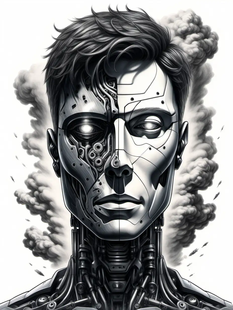 drawing of a young man half human half robot westworld style handsome and dreaming, cloud of charcoal dreams over the head