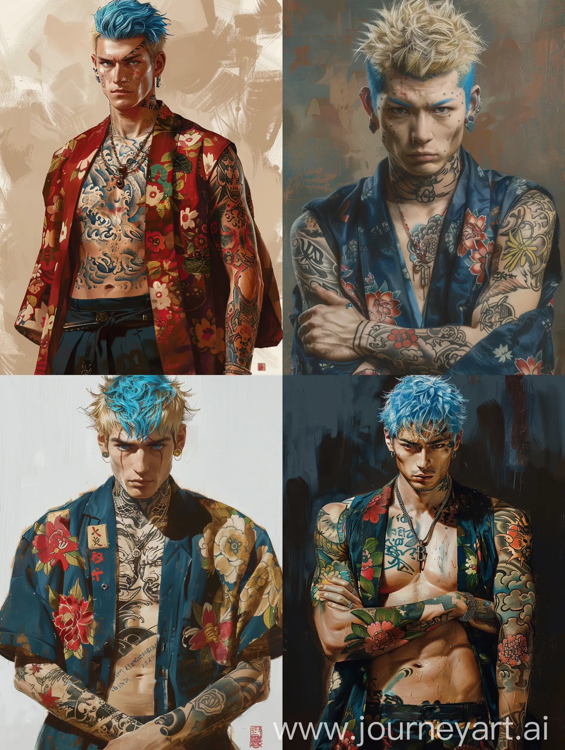 A 20 years old half German half Japanese man, with blue yes and bleached blonde hair, he is in the yakuza and has both arms tattooed