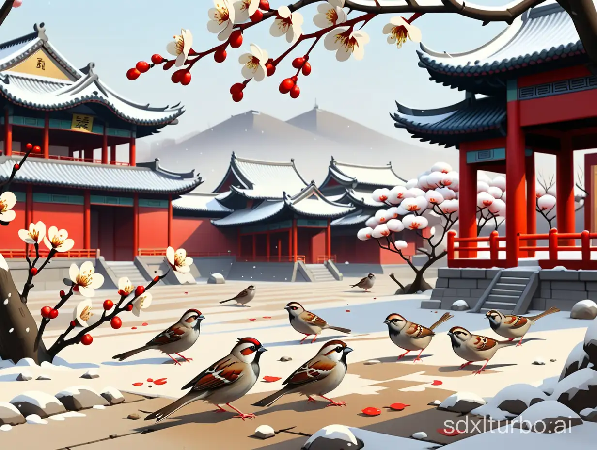 Draw a picture that includes snowy days and plum blossoms. Sparrows peck at the ground, and in the distance are traditional Chinese buildings
