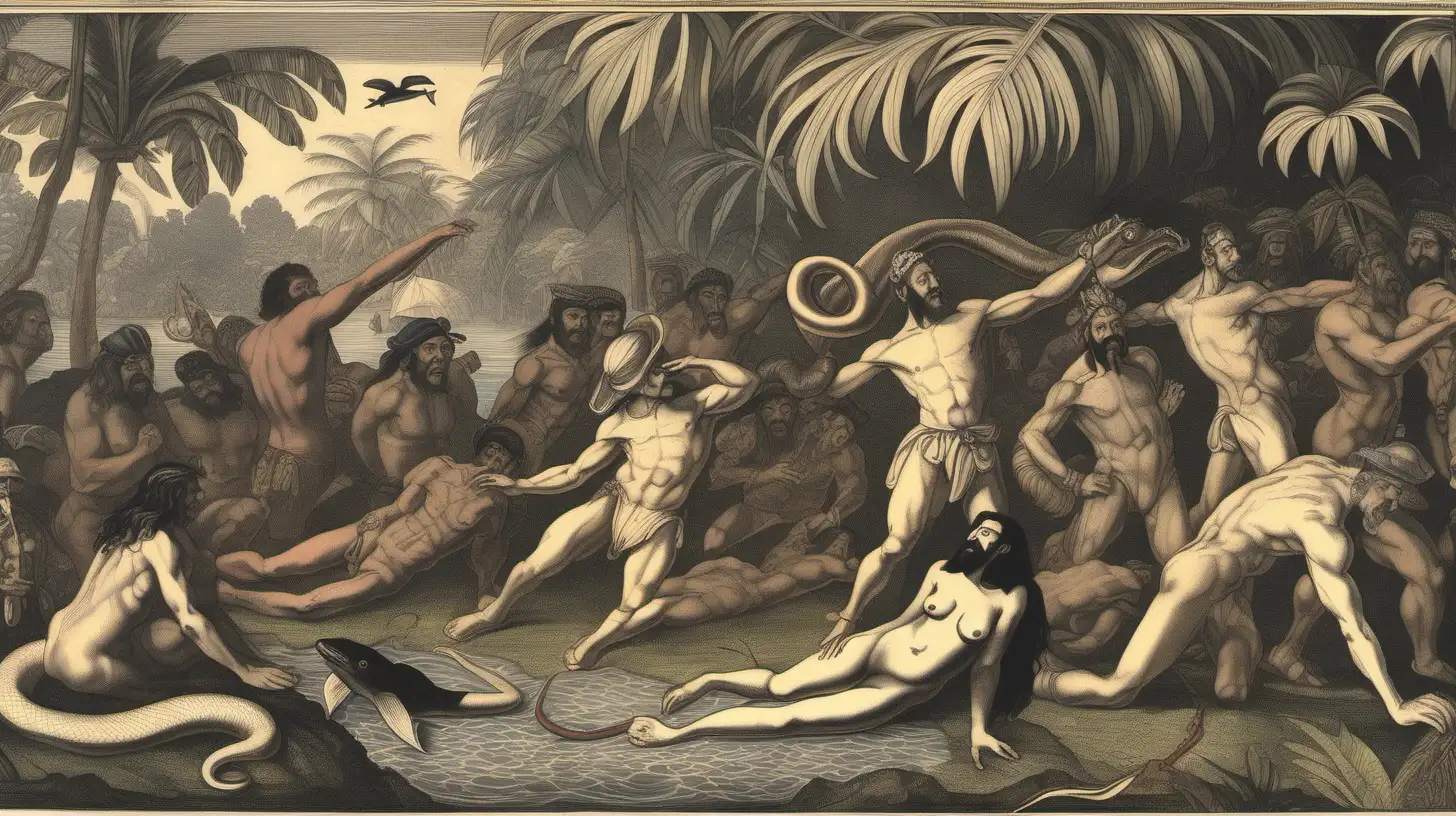 A 16th century Spanish sailor with black long hair, a black long beard, shirtless is lying on the ground of the Amazon jungle surrounded by 5 men figures who are half human and half snake and are naked and 5 women who are half dolphin dancing in the background. It is raining and the scene is very humid, they're surrounded by wet jungle. In the style of theodore de bry. 