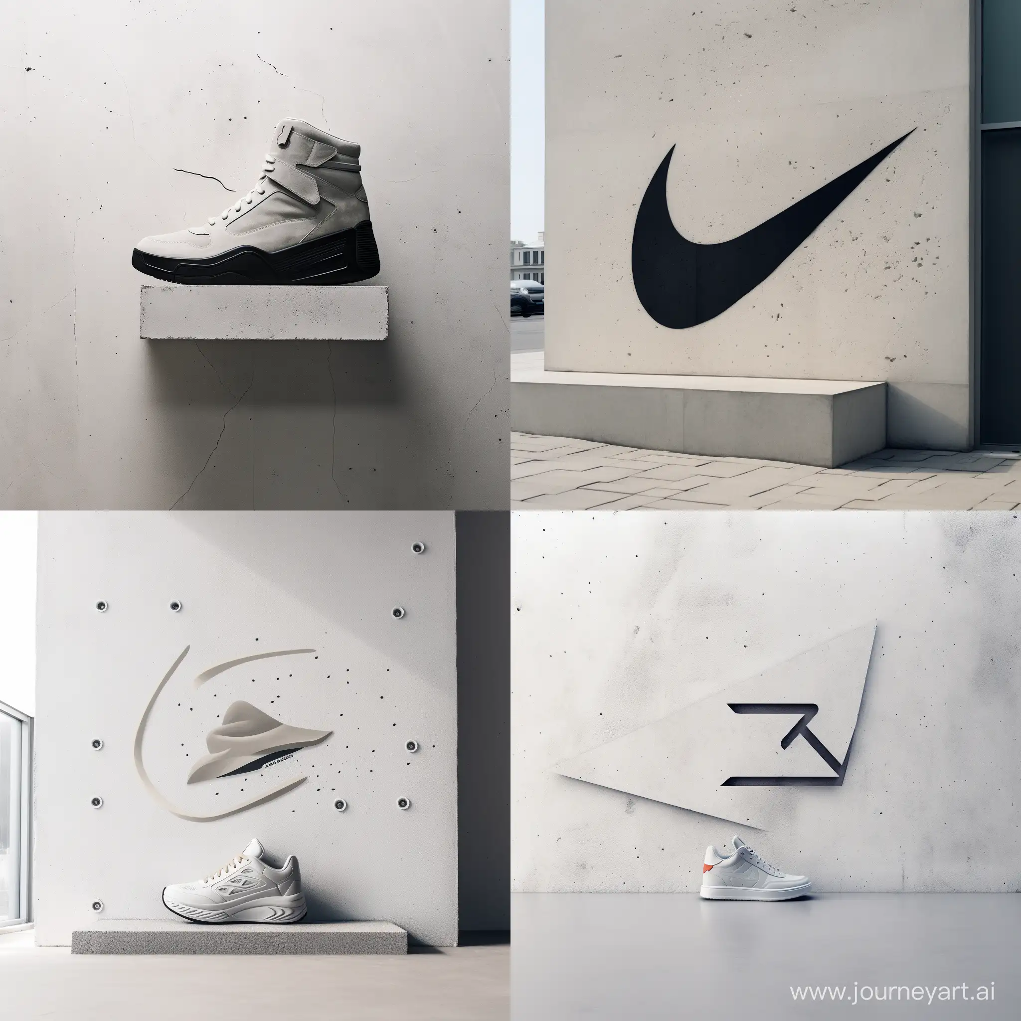 2D logo for a sneaker store. CORNER of a white concrete wall. Authentic, street style. Minimalism.