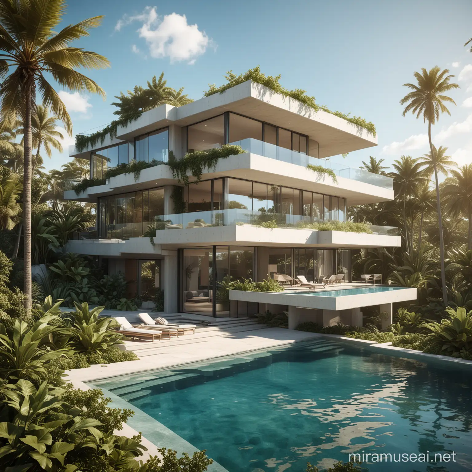 genera un edificio  de 3 pisos con arquitectura abstrata en medio del mar con ilumunacion natural, que tenga vegetacion, que tenga una piscina que conecte con el mar 