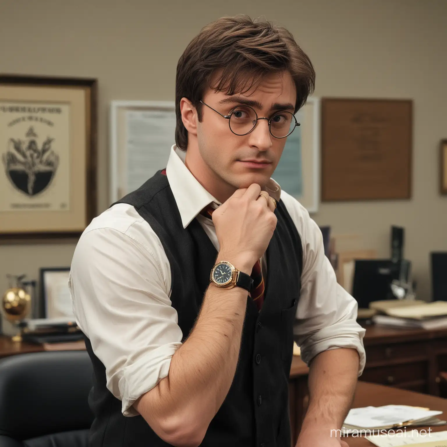 Harry Potter hält die Hand am Kinn und hat eine Rolex am Arm, er steht in einem Büro