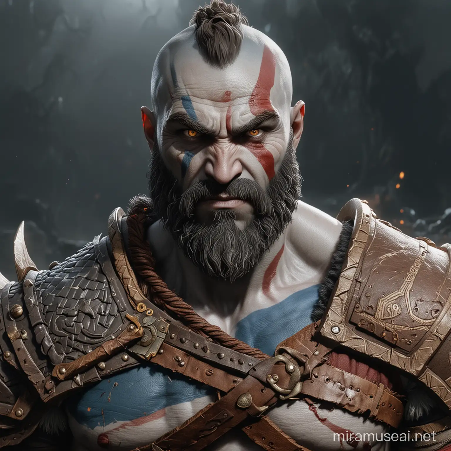 a frontal picture of kartos from god of war ragnarok at the camera