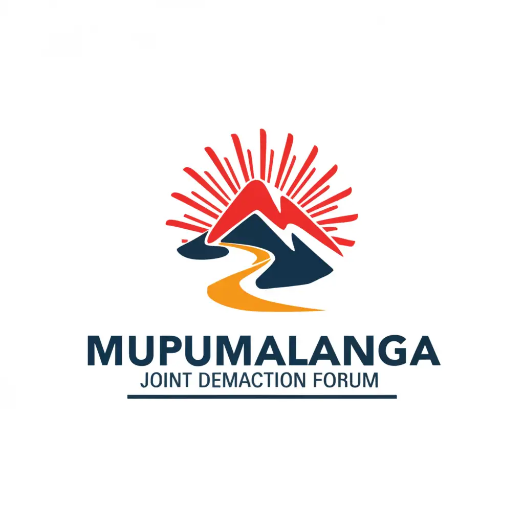 a logo design,with the text "MPUMALANGA JOINT DEMACARTION FORUM", main symbol:Mountain and red sun with blue sunrays,Moderate,be used in Nonprofit industry,clear background
