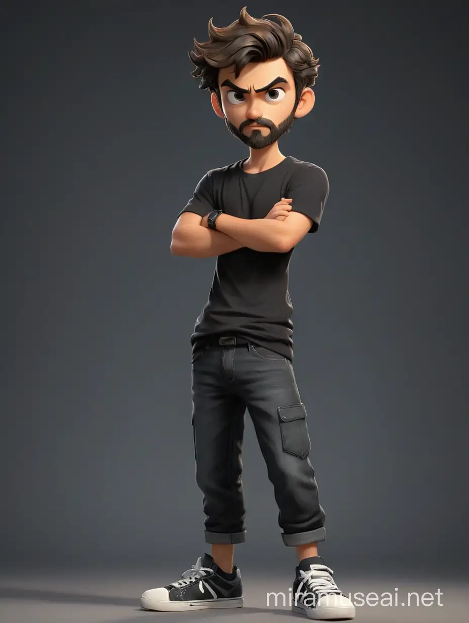 A thin boy in cartoon style, A skeptical look, medium-length beard, dark short wavy hair hairstyles, Wearing a black T-shirt without inscriptions, Arms crossed on the chest, dark jeans, sneakers, full-body shot, offended pose, in full growth, maximum detail, best quality, HD, gorgeous light and shadow, detailed design, 3D quality