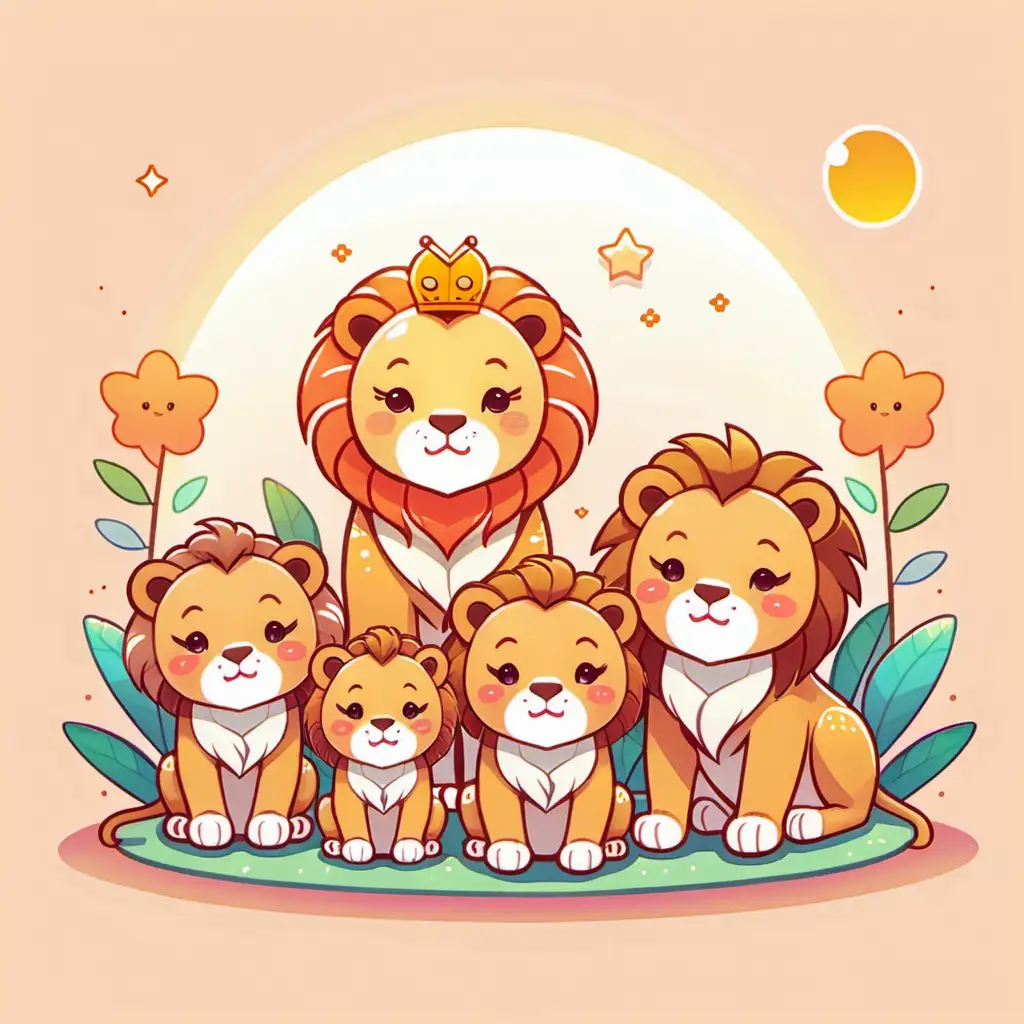 Illustration, kawaii style, Illustration einer Löwenfamilie, die sich in der Sonne räkelt

