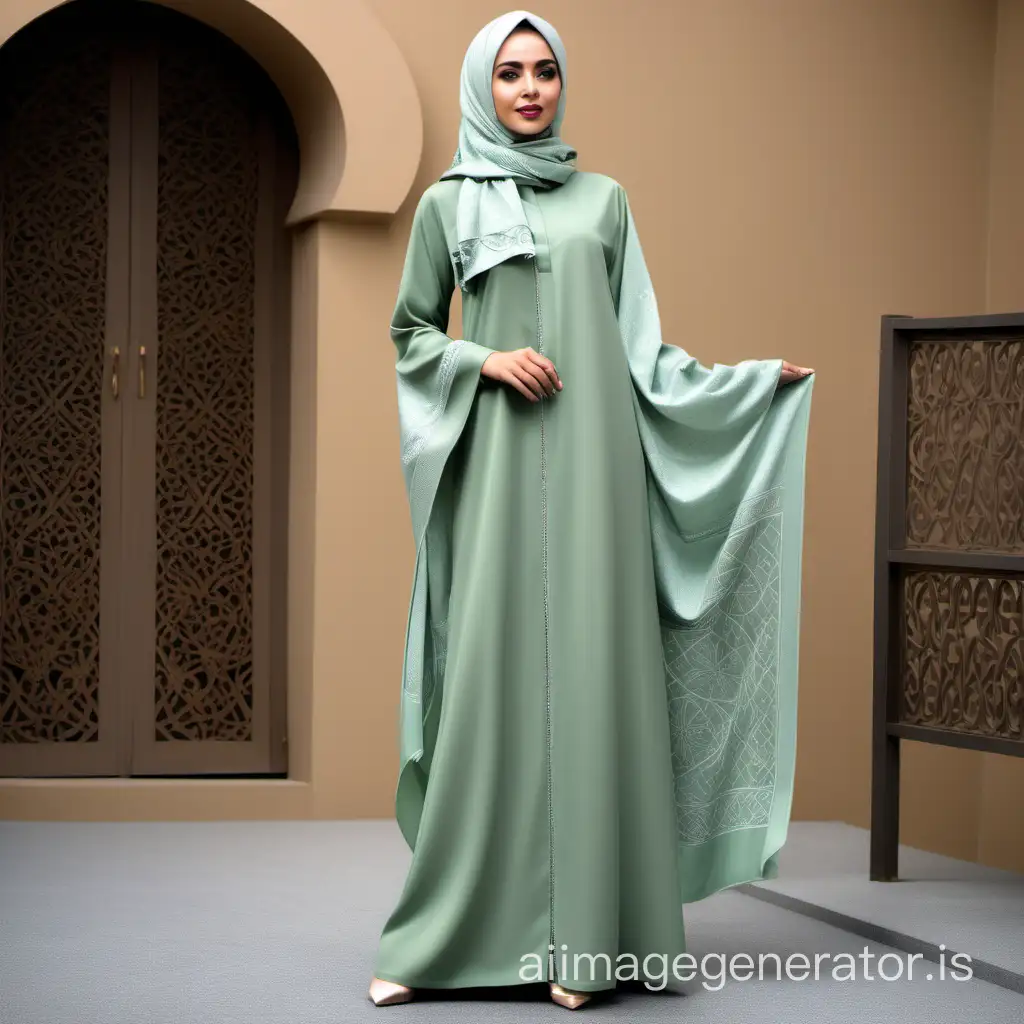 lady wearing abaya in light green colour  with matching  scarf with a cut and sew  design  lengthwise and with elegant slim and sleek embroidery 