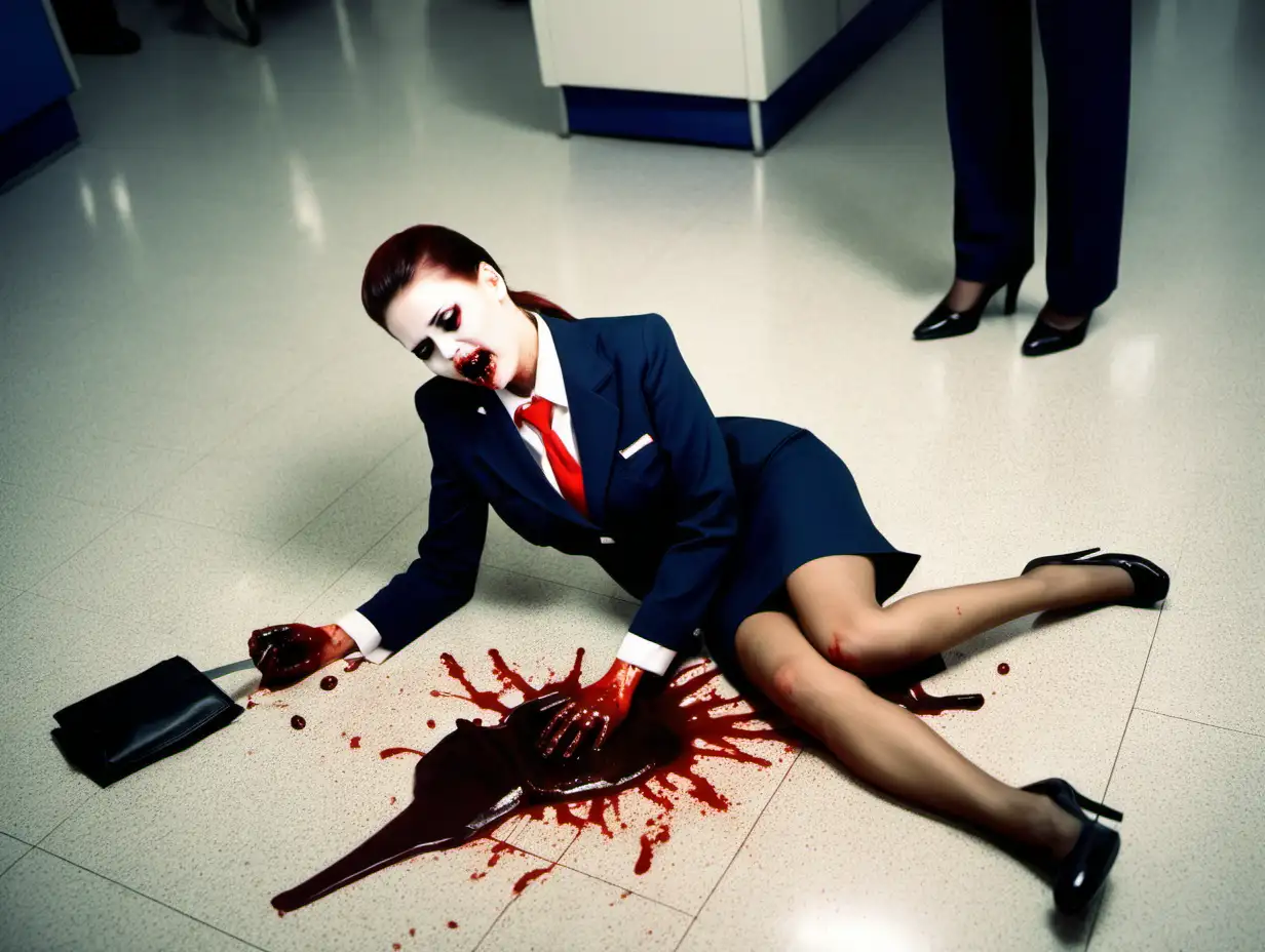 dead murdered stewardess bleeding corpse on floor