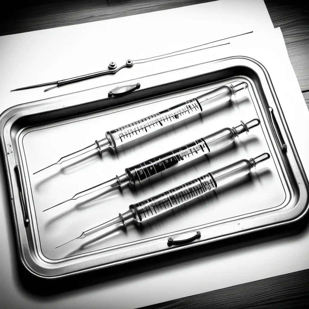 Vintage black and white illustration of 3 syringes for plastic surgery, 3 instruments, laying on a tray , hand drawing style, medical equipment, photo angle is 45 degree