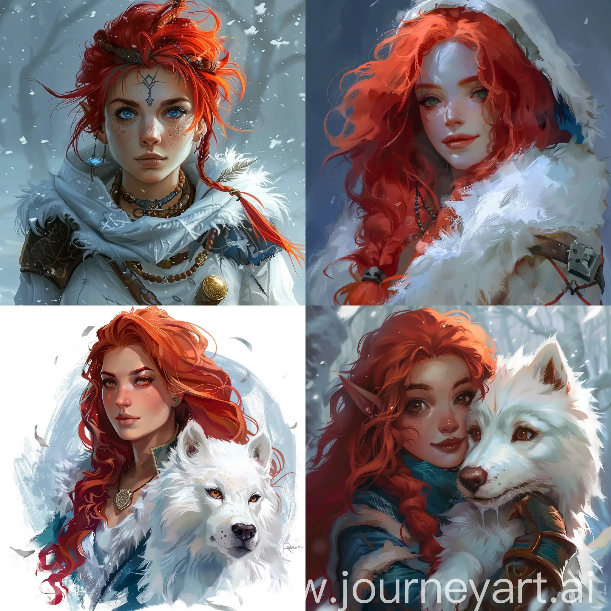 Art of dnd character white arctic for with red hair magician cute art realistic
