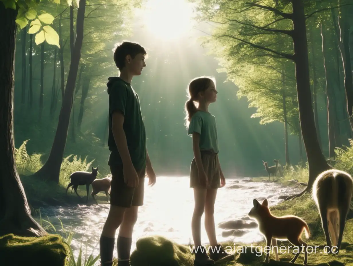 Sunlit-Forest-Scene-with-a-Girl-and-Young-Man-by-a-River