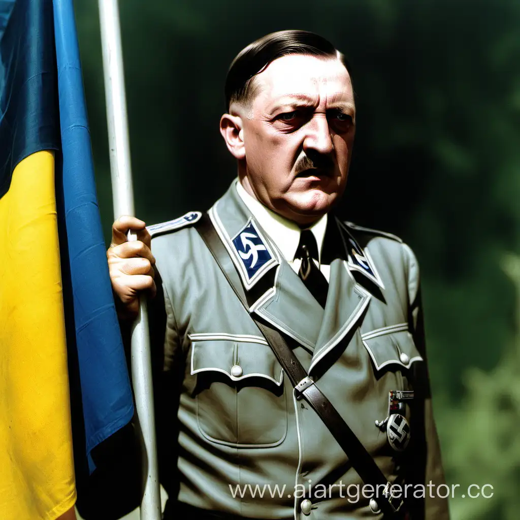 Гитлер на фоне жёлто синего флага на пьедистале