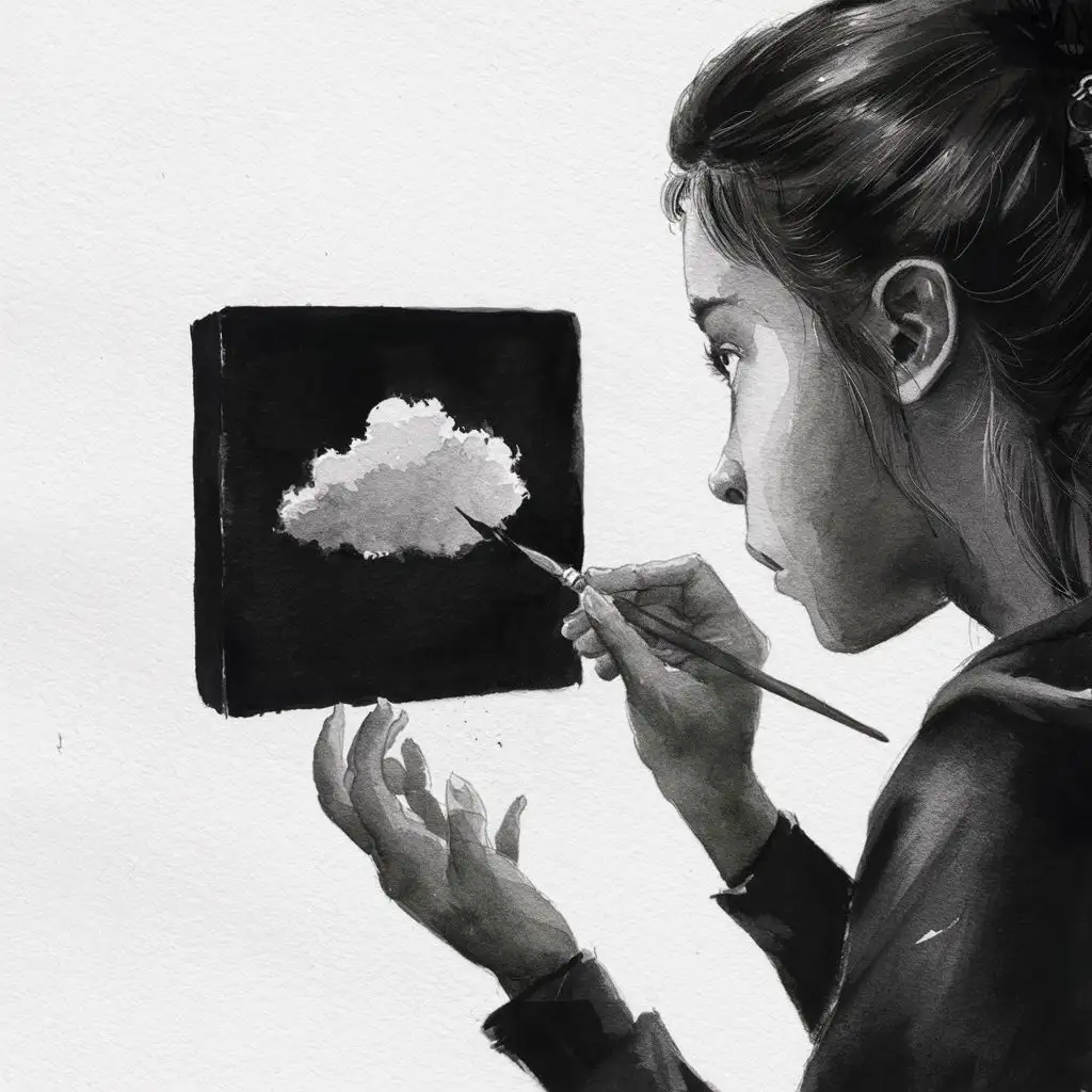 a black and white watercolor of a rear view young woman painting with a brush a tiny and delicated grey cloud in a little black square black background canvas