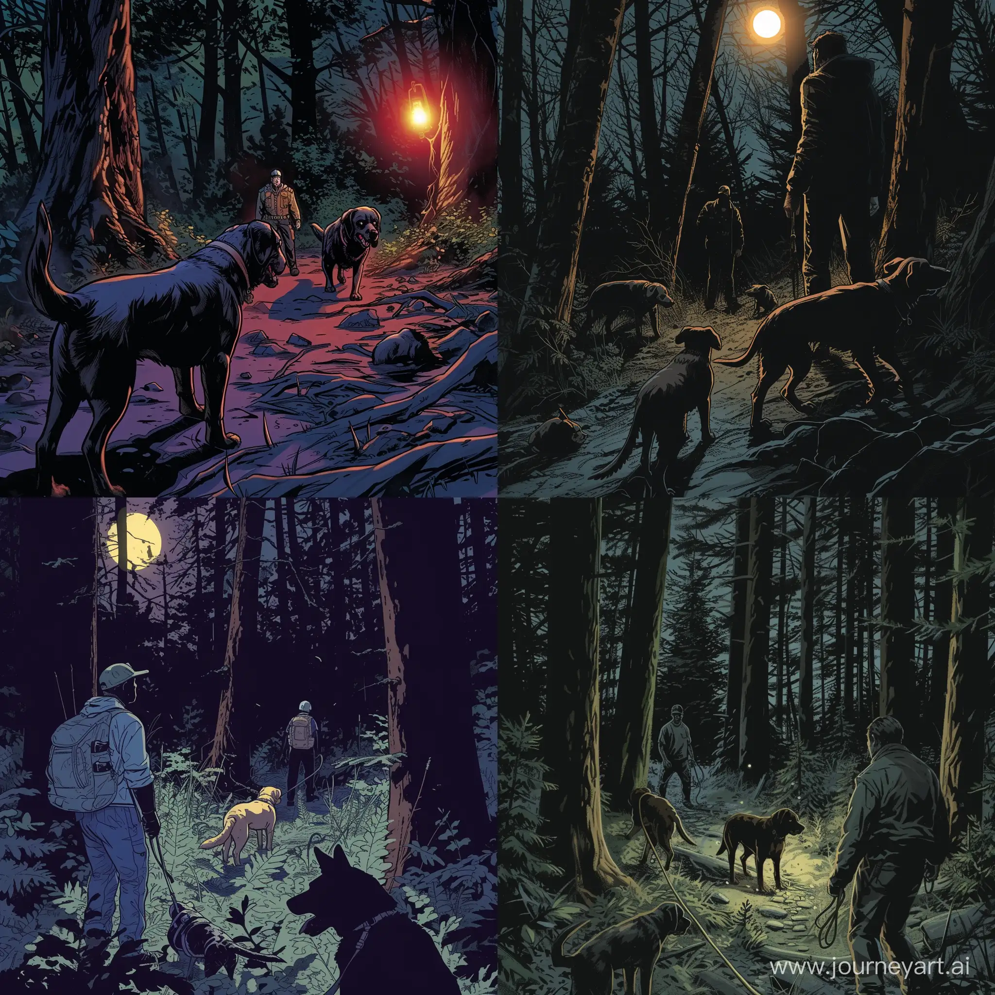 canines and rescuers are looking for someone in the woods, little lighting, modern american comic book style.