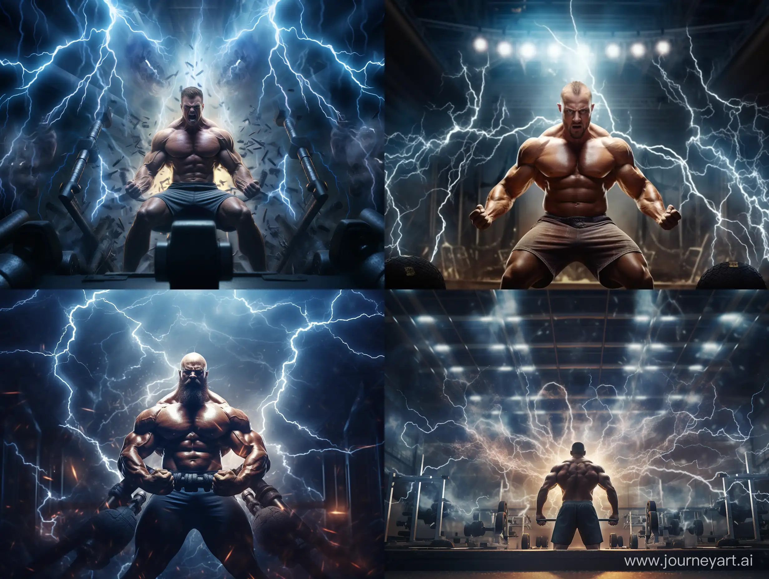 “Massive, muscular, heavyweight, bodybuilder,” lifting extreme weights in a lightning, electrifying, professional. weight room.  The camera is in front