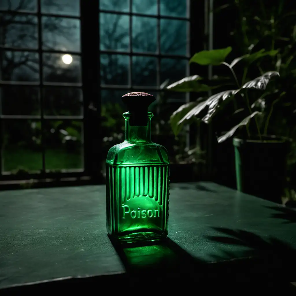 small ridged green poison bottle on table in dark conservatory at night