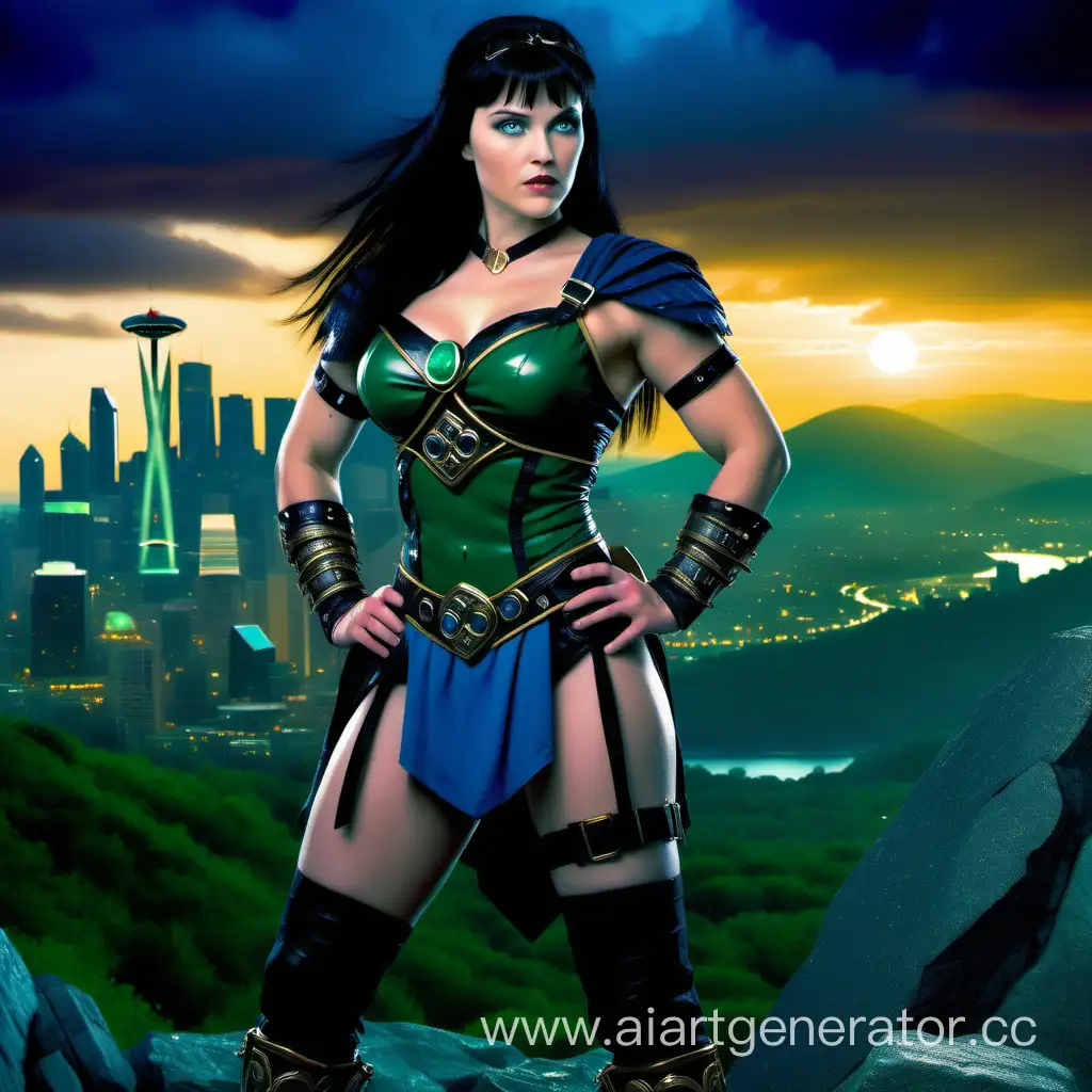 Strong athletic beautiful-faced Xena Warrior Princess with curvaceous thighs, abs, raven hair, voluptuous ass, blue eyes, wearing a black garter belt, free hands, no extra limbs, stands on a twilight rocky hill with the Oz’s Emerald City towering in the horizont