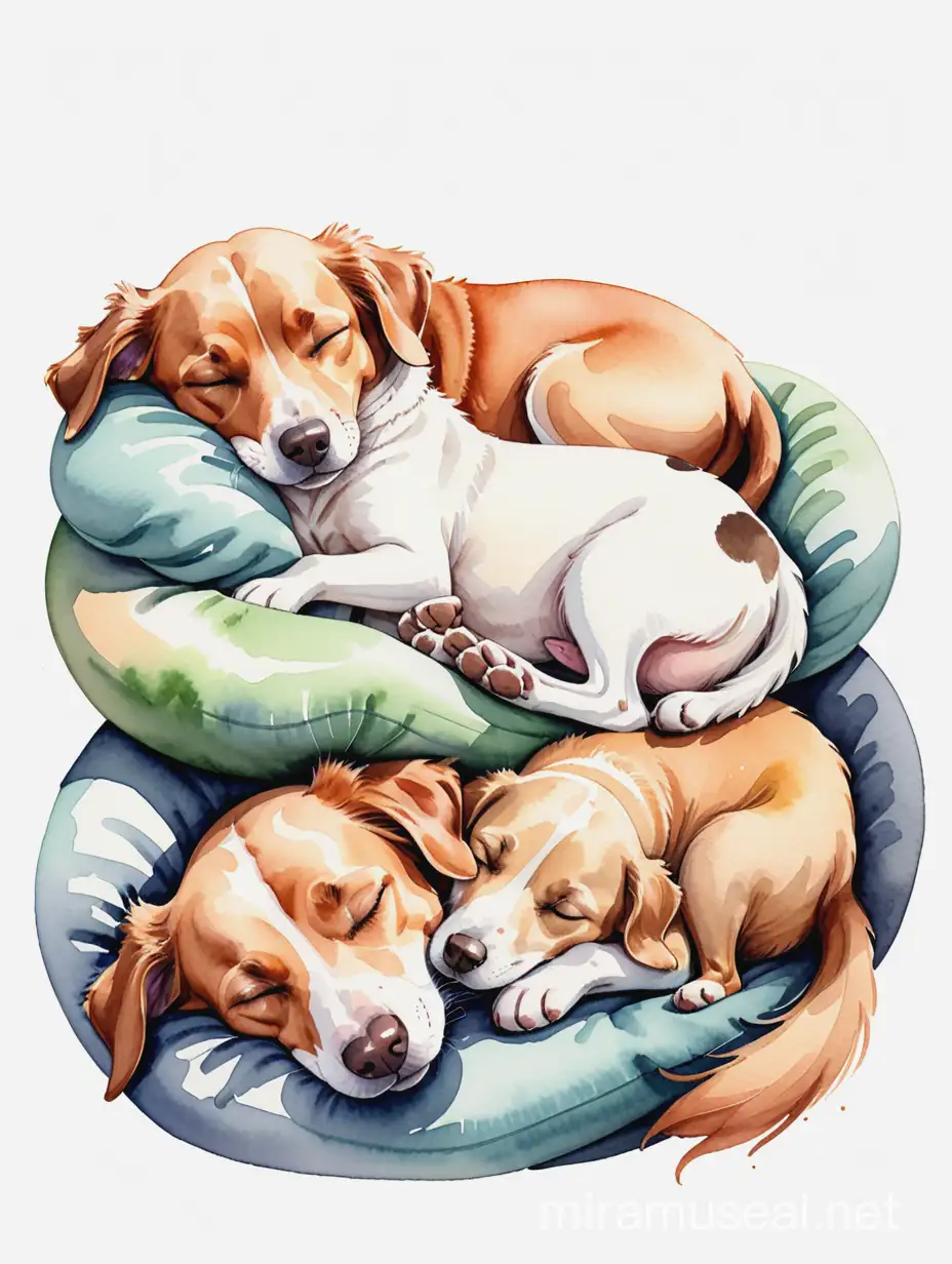 lazy dogs sleeping on top of eachother, Watercolor, earthy tones, doodle style, flat illustration, 100% white background