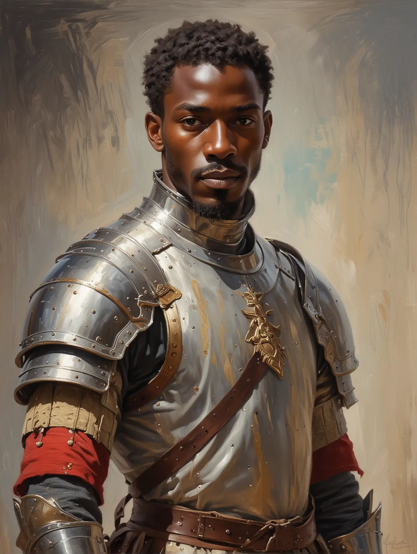 Impressionist painting of a Jamaican knight with dark skin and short hair. 