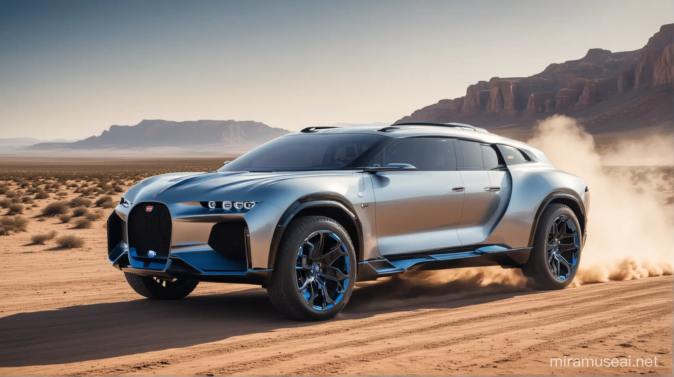 A silver and blue concept suv car made by bugatti,  it is full size suv car in style of bugatti la voiture noire,  driving on the desert 
