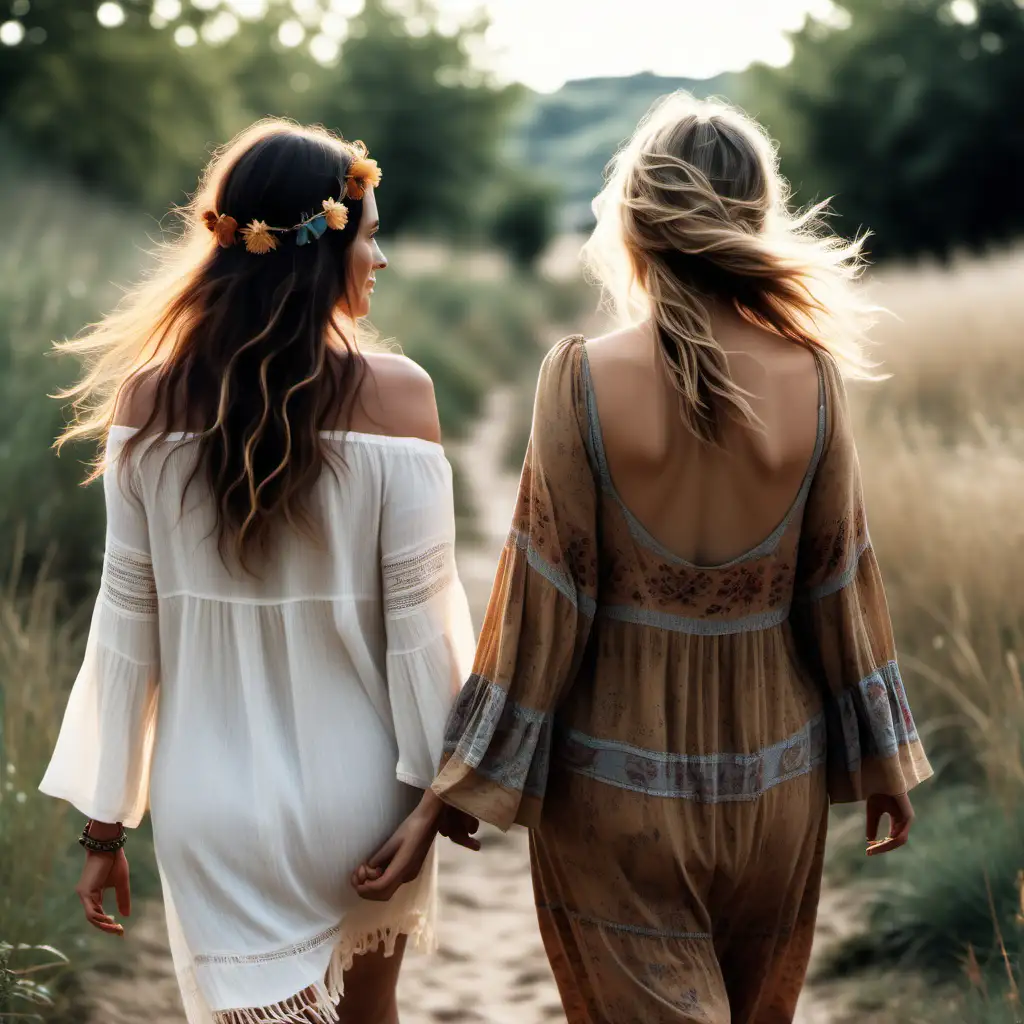 a realistic photo, of a 40 year old woman, boho style, walking with another woman, outdoors, photo from behind
