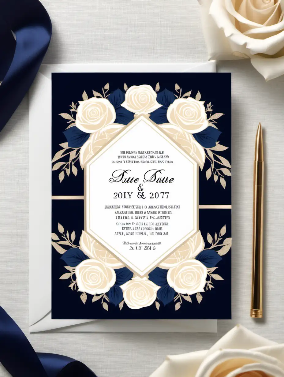 midnight blue  and  Champagne colored roses wedding invitation 5x7