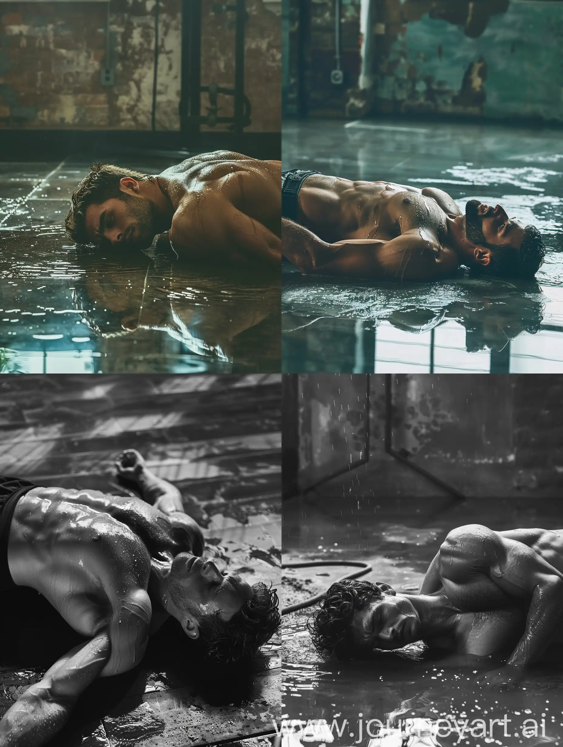 肌肉帅哥脸颊微躺在地板上，湿透的衣衫