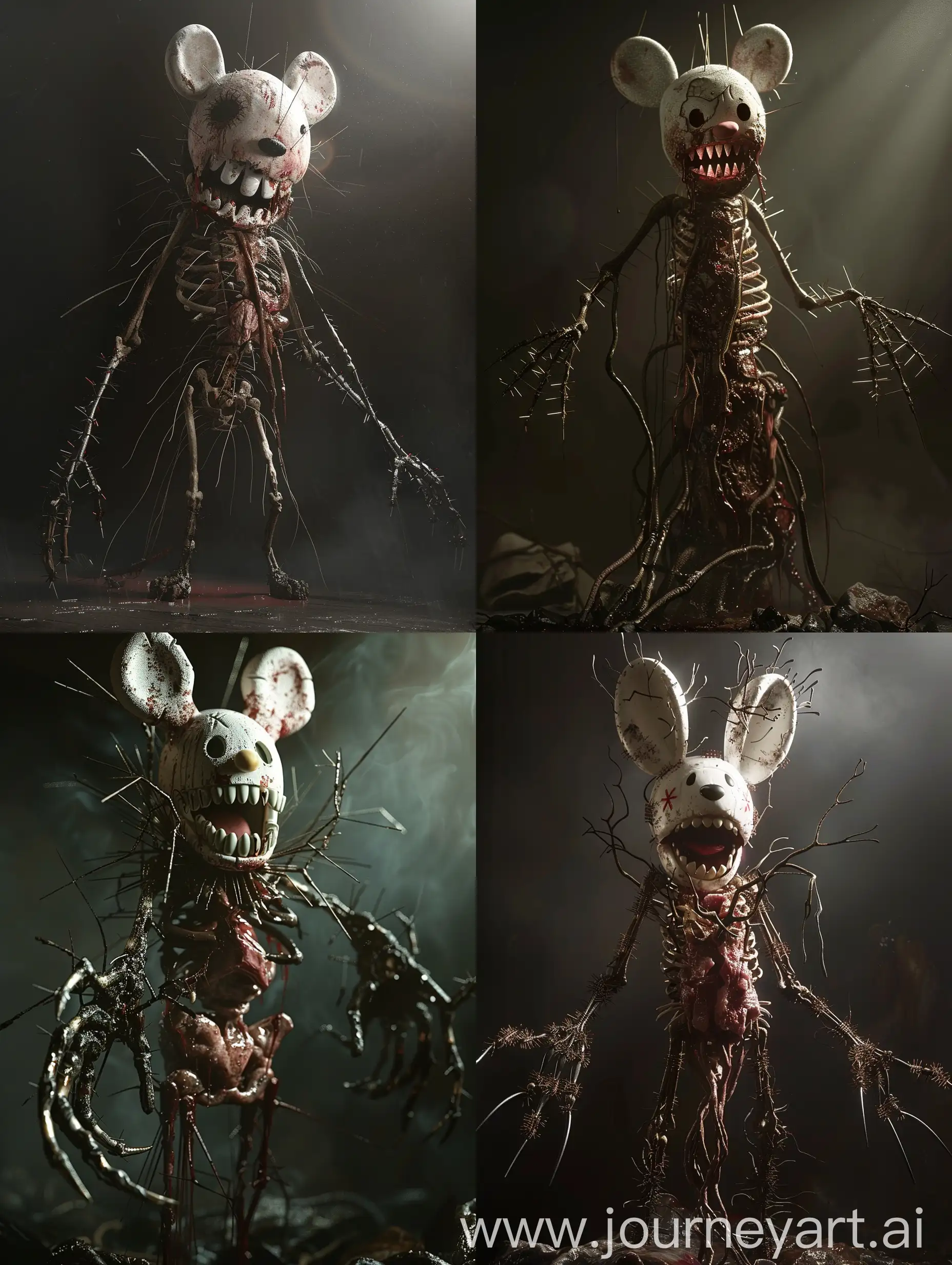  a detructured and unsettling monster wearing a miffy mascot head, the teeth are showing in the middle of a scraggy body made out of meat and broken spines, looking like a tall skeleton, thorn fingers with threatening claws shining in the half lighted scene, dark shadows, in the style of hellraiser, gore
