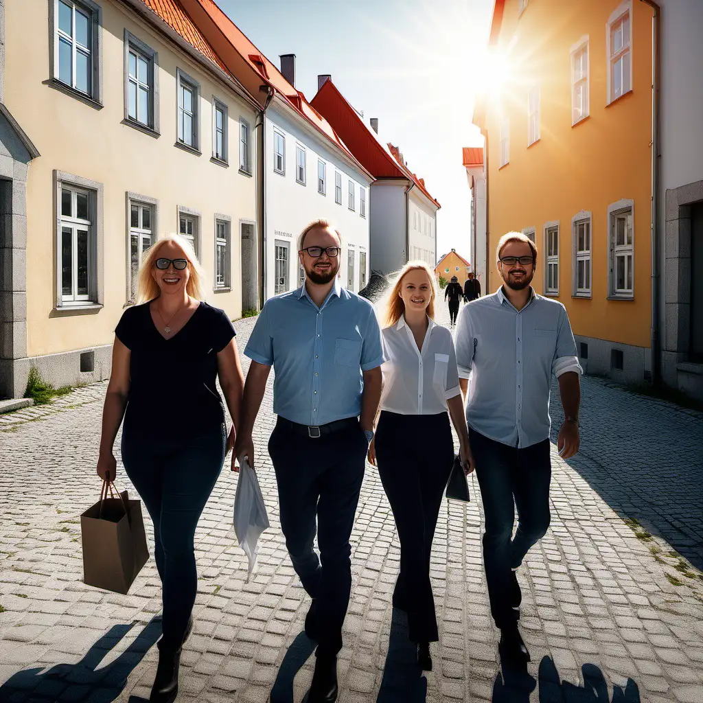 Hyper realic photo of a group of employees from Benify, wandering the streets of Visby on Gotland in the daylight with the sun shining